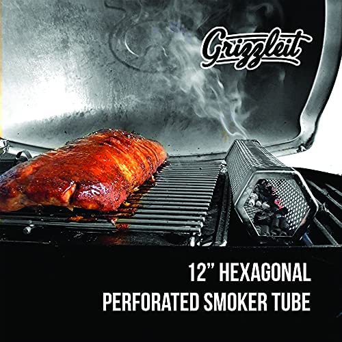 GrizzleIt Pellet Smoker Tube - 12 inches 304 Stainless Steel Smoke Tube for Hot or Cold Smoking - 5 hours of billowing Smoke - Includes 2 S-Shaped Hooks, Silicon Buttering & Cleaning Brush