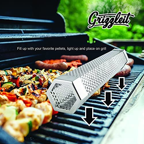 GrizzleIt Pellet Smoker Tube - 12 inches 304 Stainless Steel Smoke Tube for Hot or Cold Smoking - 5 hours of billowing Smoke - Includes 2 S-Shaped Hooks, Silicon Buttering & Cleaning Brush