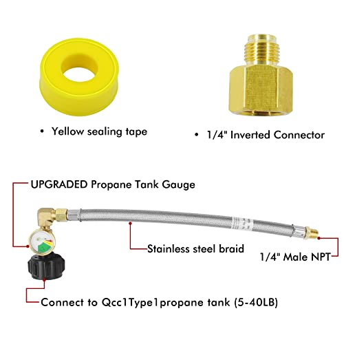 MCAMPAS 1/4" RV Propane Pigtail Regulator Hose with Gauge,12" Stainless Steel Braided Propane Hose with 1/4" Male NPT to 1/4" Inverted Male Flare for Standard Two-Stage Regulator, Camper -2 Pack