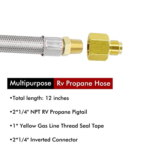 MCAMPAS 1/4" RV Propane Pigtail Regulator Hose with Gauge,12" Stainless Steel Braided Propane Hose with 1/4" Male NPT to 1/4" Inverted Male Flare for Standard Two-Stage Regulator, Camper -2 Pack