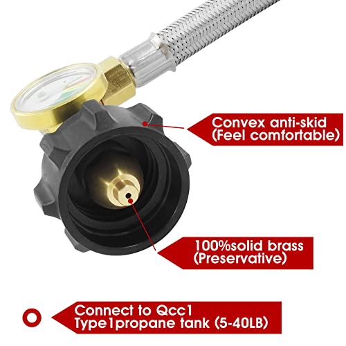 MCAMPAS 1/4" RV Propane Pigtail Regulator Hose with Gauge,12" Stainless Steel Braided Propane Hose with 1/4" Male NPT to 1/4" Inverted Male Flare for Standard Two-Stage Regulator, Camper -2 Pack