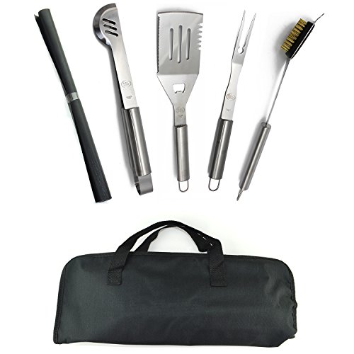 New Stainless Steel BBQ Grill Tools Set - 5 Piece Grilling Tool Accessories Barbecue Kit W/Carry Bag and Silicone BBQ Mat