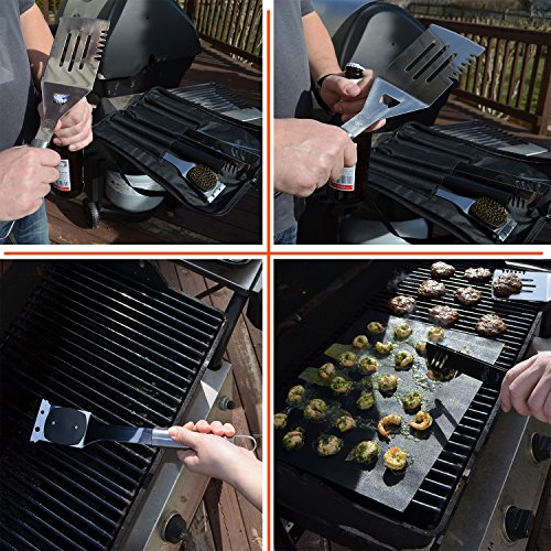 New Stainless Steel BBQ Grill Tools Set - 5 Piece Grilling Tool Accessories Barbecue Kit W/Carry Bag and Silicone BBQ Mat