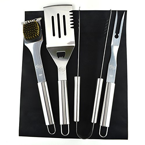 New Stainless Steel BBQ Grill Tools Set - 5 Piece Grilling Tool Accessories Barbecue Kit W/Carry Bag and Silicone BBQ Mat