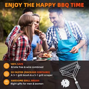 Grill Brush for Outdoor Grill, Bristle Free & Wire Combined BBQ Brush for Grill Cleaning Including Grill Scraper, Safe 17" Stainless Steel BBQ Accessories Grill Cleaner Brush, Awesome Gifts for Men