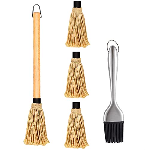 Censmart BBQ Mop Set - Wood 18 Inch Basting Mop and 3 Extra Replacement Head, 304-Stainless Steel BBQ Grill Basting Brush with 100% Natural,Apply Barbecue Sauce, Marinade or Glazing,Dish Mop Style