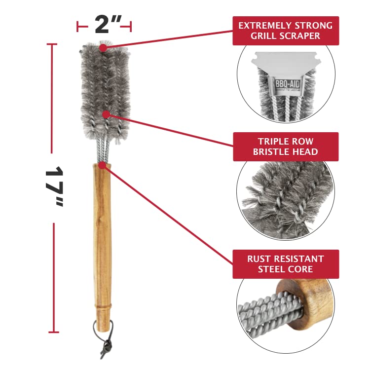 BBQ-AID All Angles BBQ Grill Brush for Outdoor Grill – Cleans All Angles, Large Wooden Handle, and Stainless Steel Bristles - BBQ Brush for Grill Cleaning – Grill Cleaner Brush Safe for BBQ and Grill