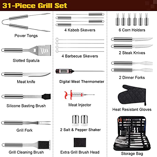 31Pcs Barbecue Accessories Tools Kit Stainless Steel Grilling Utensil Set with Storage Bag for Men Women Dad - BBQ Grill Tools Set with Thermometer for Backyard Party, Tailgating, Camping