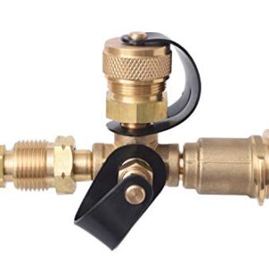 Flame King 4 Port Brass Tee Propane Adapter POL Inlet, 1/4 Inverted Female Flare Inlet, QCC Outlet, CGA600 Outlet (RV-COMBO1)