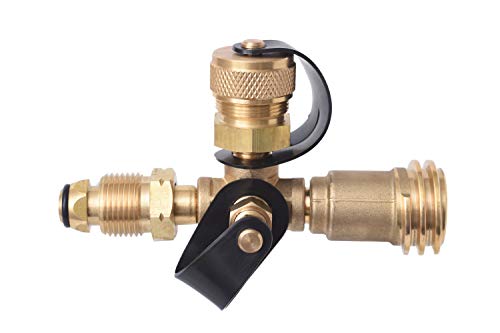 Flame King 4 Port Brass Tee Propane Adapter POL Inlet, 1/4 Inverted Female Flare Inlet, QCC Outlet, CGA600 Outlet (RV-COMBO1)