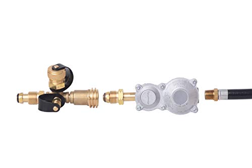 Flame King 4 Port Brass Tee Propane Adapter POL Inlet, 1/4 Inverted Female Flare Inlet, QCC Outlet, CGA600 Outlet (RV-COMBO1)