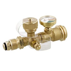 dumble propane brass tee – rv propane tank tee manifold connection, brass gas splitter camping t fitting with gauge 1pc