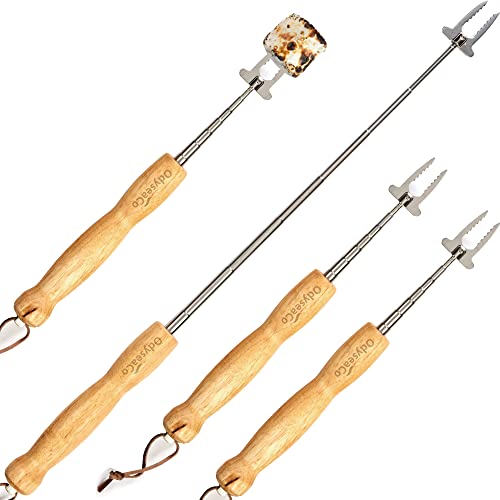 Extendable Smores Sticks - Marshmallow Roasting Sticks, Skewers for Marshmallows, Hot Dog Sticks for Campfire - Oak Wood & Retracting Stainless Steel Camping & Glamping Accessories for Fire Pit