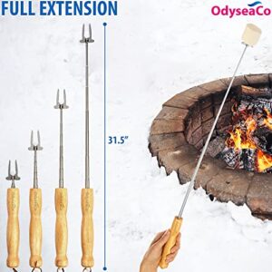 Extendable Smores Sticks - Marshmallow Roasting Sticks, Skewers for Marshmallows, Hot Dog Sticks for Campfire - Oak Wood & Retracting Stainless Steel Camping & Glamping Accessories for Fire Pit