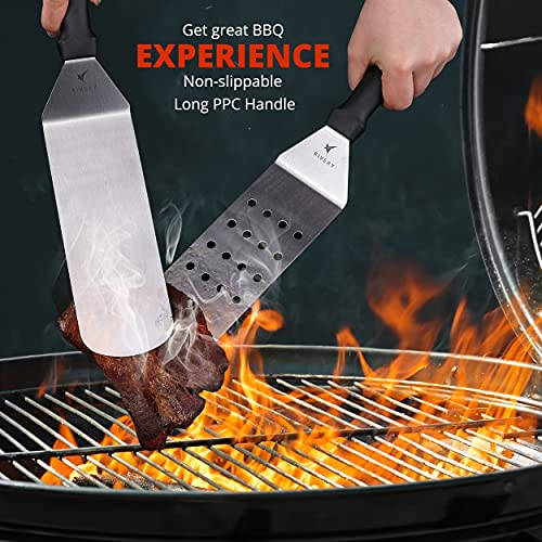 Rivexy 5 Pcs Grill Spatula for Outdoor Grill Premium Quality Metal Spatula for Cast Iron Skillet Durable Flat Top Grill Accessories Great for Outdoor BBQ Teppanyaki and Camping