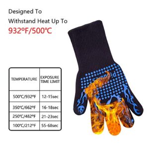 Piduules BBQ Grill Gloves, 1472°F Heat Resistant Non-Slip Grill Mitt with Elastic Cuff for Frying, Barbeque, Cooking, Baking, Oven, Cutting,14 Inch (Blue)