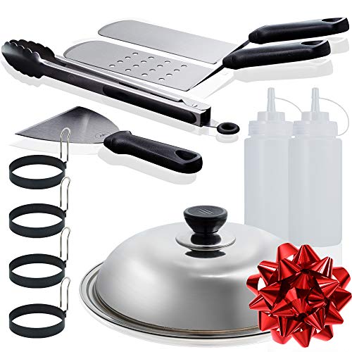 Weselyn Flat Top Grill Accessories Kit - 11-Pc Griddle Set with Melting Dome, Burger Spatulas, Scraper, Egg Rings and Squirt Bottles - Stainless Steel BBQ Tool Kit Ideal Blackstone Accessories