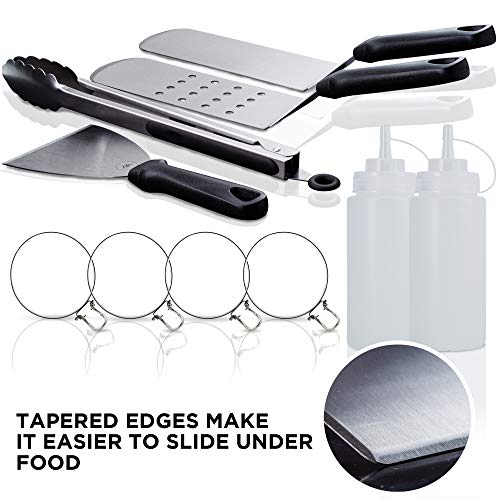 Weselyn Flat Top Grill Accessories Kit - 11-Pc Griddle Set with Melting Dome, Burger Spatulas, Scraper, Egg Rings and Squirt Bottles - Stainless Steel BBQ Tool Kit Ideal Blackstone Accessories