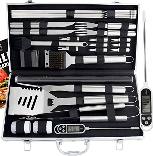 ROMANTICIST 28pc BBQ Accessories Set with Thermometer - The Very Best Grill Gift on Birthday Wedding - Heavy Duty Stainless Steel Grill Set in Case for Outdoor Cooking Camping Grilling Smoking