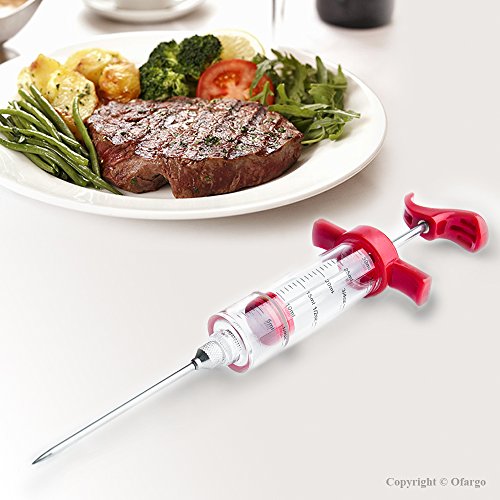 Ofargo Plastic Marinade Injector Syringe with Screw-on Meat Needle for BBQ Grill, 1-oz, Red, Recipe E-Book (Download PDF)