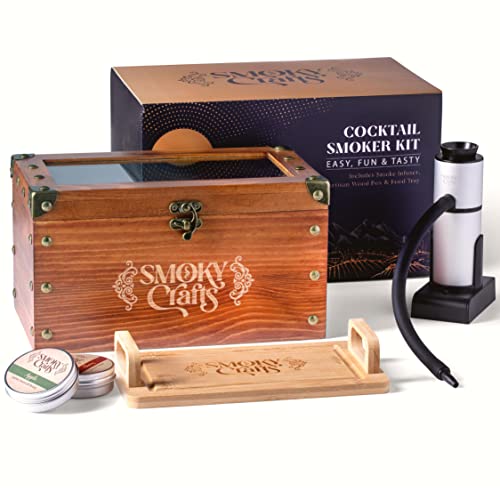 Smoky Crafts Cocktail Smoker Kit - Whiskey Smoker Kit with Smoking Gun, Cocktail Smoker Box and Wood Chips (Apple & Cherry) - Old Fashioned Smoker Kit - Bourbon Smoker Kit