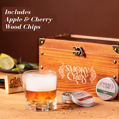 Smoky Crafts Cocktail Smoker Kit - Whiskey Smoker Kit with Smoking Gun, Cocktail Smoker Box and Wood Chips (Apple & Cherry) - Old Fashioned Smoker Kit - Bourbon Smoker Kit