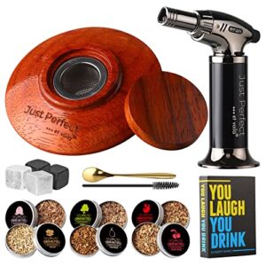 just, perfect and regular cocktail smoker kit with torch, 6 flavors wood chips, 4 marble ice cubes, 1 bonus drinking cards game- old fashioned wood smoker for whiskey | cheese | gift for bourbon drinks lovers (no butane)