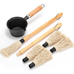 Nuogo 6 Pieces Iron Basting Pot and Brush for Grilling Barbecue Accessories 18 Inches Grill Wooden Long Handle BBQ Mop Sauce with Extra Replacement Heads Saucepan