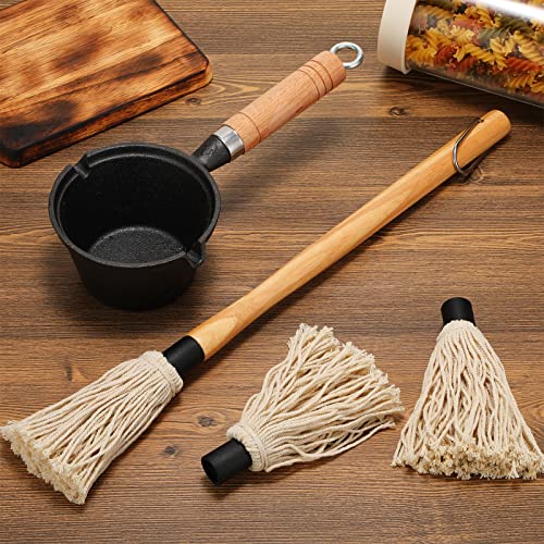 Nuogo 6 Pieces Iron Basting Pot and Brush for Grilling Barbecue Accessories 18 Inches Grill Wooden Long Handle BBQ Mop Sauce with Extra Replacement Heads Saucepan