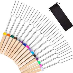 Marshmallow Roasting Sticks 15 Pack Extendable 32 Inch Telescoping Marshmallow Skewers & Hot Dog Forks with Wooden Handle Storage Bag for Campfire BBQ Backyard Fire Pit