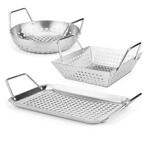 grisun vegetable grill baskets 3 pcs – heavy duty bbq grill baskets for outdoor grill with handle, stainless steel bbq vegetable grilling baskets with a round wok grill pan, dishwasher safe