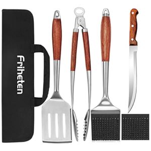 bbq grill tools set accessories,rose wooden 17” heavy duty essential grilling barbecue utensils with super thick stainless steel spatula,clean brush,tongs,knife for outdoor grill. grill gifts for men