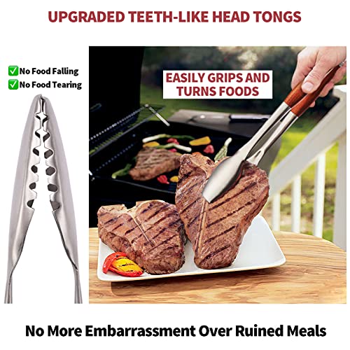 BBQ Grill Tools Set Accessories,Rose Wooden 17'' Heavy Duty Essential Grilling Barbecue utensils with Super Thick Stainless Steel Spatula,Clean Brush,Tongs,Knife for Outdoor grill. Grill Gifts for Men