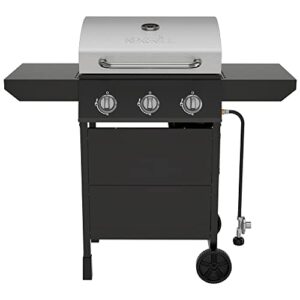 nexgrill premium 3 burner propane barbecue gas grill, side table open chart with wheels, outdoor cooking, patio, garden barbecue grill, 27000 btus, black and silver