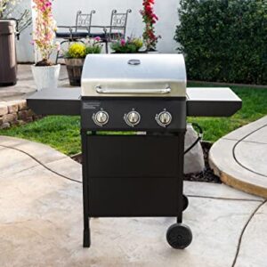 Nexgrill Premium 3 Burner Propane Barbecue Gas Grill, Side Table Open Chart with Wheels, Outdoor Cooking, Patio, Garden Barbecue Grill, 27000 BTUs, Black and Silver