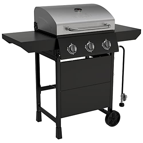 Nexgrill Premium 3 Burner Propane Barbecue Gas Grill, Side Table Open Chart with Wheels, Outdoor Cooking, Patio, Garden Barbecue Grill, 27000 BTUs, Black and Silver