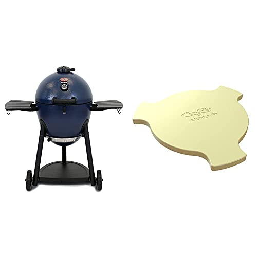 Char-Griller E56720 AKORN Kamado Charcoal Grill & Smoker, Pack of 1, Blue and 6201 AKORN Smokin Ceramic Smoking Stone, 15”L x 15”W x 1”H, Ivory