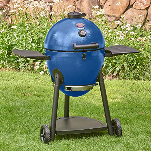 Char-Griller E56720 AKORN Kamado Charcoal Grill & Smoker, Pack of 1, Blue and 6201 AKORN Smokin Ceramic Smoking Stone, 15”L x 15”W x 1”H, Ivory