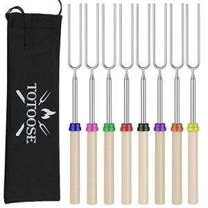 totoose extendable marshmallow roasting sticks – set of 8 telescoping smores skewers & hot dog forks with wooden handle for fire pit campfire – 32 inch stainless steel bbq kit for outdoor camping