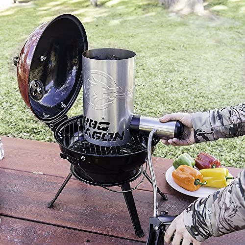 BBQ Dragon | Electric Charcoal Starter Fan | Cordless Stainless Steel Fire Starter w/Built-In Blower | Easily Ignite Charcoal Grills & BBQ Smokers | Heavy Duty Mounting Clamp | Long Adjustable Neck