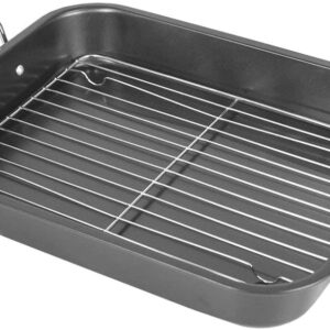 Deluxe Non Stick Roaster/Roasting Pan with Handles and Grill Rack, Excellent for Turkeys, Hams and Chickens 14.5" x 11.5", Black