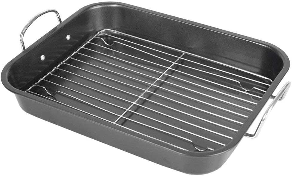 Deluxe Non Stick Roaster/Roasting Pan with Handles and Grill Rack, Excellent for Turkeys, Hams and Chickens 14.5" x 11.5", Black