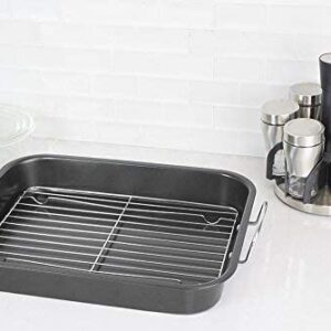 Deluxe Non Stick Roaster/Roasting Pan with Handles and Grill Rack, Excellent for Turkeys, Hams and Chickens 14.5" x 11.5", Black