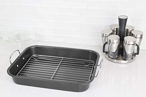 Deluxe Non Stick Roaster/Roasting Pan with Handles and Grill Rack, Excellent for Turkeys, Hams and Chickens 14.5" x 11.5", Black