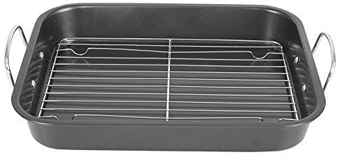 Deluxe Non Stick Roaster/Roasting Pan with Handles and Grill Rack, Excellent for Turkeys, Hams and Chickens 14.5" x 11.5", Black