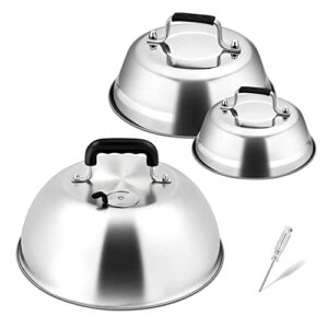 cheese melting dome set of 3, joyfair griddle basting covers, stainless steel grill cooking lids with adjustable vent for outdoor bbq/kitchen, heavy gauge metal & heat-resistant handle(6.5’’-9’’-12’’)