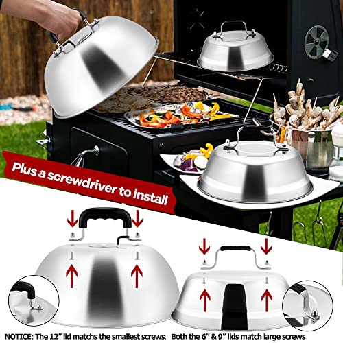 Cheese Melting Dome Set of 3, Joyfair Griddle Basting Covers, Stainless Steel Grill Cooking Lids with Adjustable Vent For Outdoor BBQ/Kitchen, Heavy Gauge Metal & Heat-resistant Handle(6.5’’-9’’-12’’)