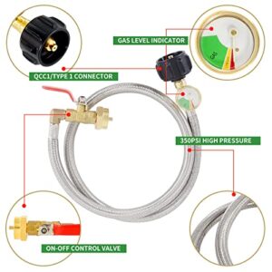 Rdutuok 36" Stainless Braided Gas Line Propane Extension Refill Hose with Gauge and Control Valve, Propane Tank Refill Adapter Extension Hosefor 1LB Propane Gas Tank 350PSI High Pressure Camping