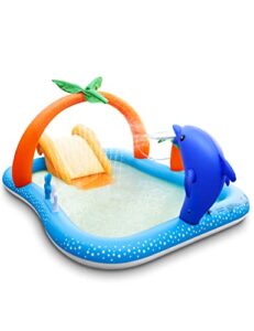 inflatable play center, kiddie pool for kids, toddler pool seaside water lounge with slide, coconut palm sprinkler, ball toss game, ring toss game for kids children ages 3+, 95” x 75” x 40”