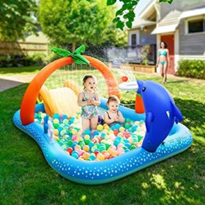 Inflatable Play Center, Kiddie Pool for Kids, Toddler Pool Seaside Water Lounge with Slide, Coconut Palm Sprinkler, Ball Toss Game, Ring Toss Game for Kids Children Ages 3+, 95'' x 75'' x 40''